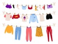 Dry clothes. Hanging clean laundry. Men and women clothing drying on sun. Casual and business outfits. Underwear and