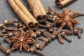 Dry cloves, Cinnamon sticks, Star anise, cloves - Traditional Christmas spices Royalty Free Stock Photo