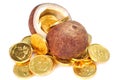 Dry coconut with gold coins Royalty Free Stock Photo