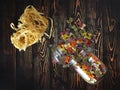 Dry colorful Italian pasta farfalle or bows and fettuccini with glass jar Royalty Free Stock Photo