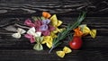 Dry colorful Italian pasta farfalle or bows with rosemary and tomato Royalty Free Stock Photo