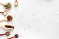 Dry colorful spices, vanilla, cinnamon on kitchen stone table background top view mockup