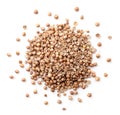 Dry coriander seeds heap on white background, isolated. The view from top Royalty Free Stock Photo