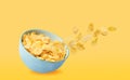 Dry corn flakes in a blue ceramic plate, some of the corn flakes are flying in the air. traditional cornflakes breakfast concept Royalty Free Stock Photo