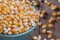 Dry corn kernels in a green bowl, set on wooden table Royalty Free Stock Photo