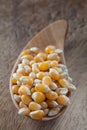 Dry corn kernels on a wooden spoon, set on a table Royalty Free Stock Photo