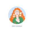Dry cough - symptom of coronavirus, hand drawing icon, sick girl with red hair coughs