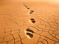 dry cracked desert with footprints on sandy ground Royalty Free Stock Photo