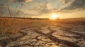 A dry, cracked field with a sun setting in the background Royalty Free Stock Photo