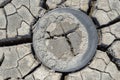 dry and cracked floor of the dry river of the big boiler in the city of Barreiro with buried old car tire