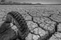 dry and cracked floor of the dry river of the big boiler in the city of Barreiro with buried old car tire