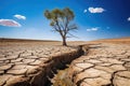 Dry cracked land with dead tree and sky in background a concept of global warming. Generative AI Royalty Free Stock Photo