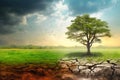 Dry cracked soil after cutting down trees. Lonely remaining tree. Concept of climate change or global warming. Soil erosion. Royalty Free Stock Photo