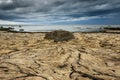 Dry crannied ground and cloudy sky.