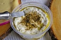 Dry curd cottage cheese with spices at brunch time