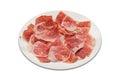 Dry-cured ham slices on plate white shadow and white background Royalty Free Stock Photo