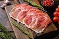 Dry cured Prosciutto crudo parma ham, on old dark wooden table background