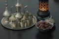 Dry dates and zam zam water cups with lantern
