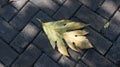 Dry dead brown leaf on top of brick block