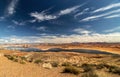 Dry desert to a river to clouds and a distant snow capped mountain makes up a beautiful landscape, Wahweap lookout, Page, Royalty Free Stock Photo