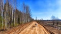 A dry dirt clay rural road in a field, stretching to the horizon in early spring. Rustic landscape