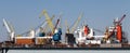 Dry dock and harbor cranes panorama. Industrial landscape. Royalty Free Stock Photo