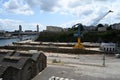 Dry docks and port crane of Brest with the La Recouvrance bridge in the background Royalty Free Stock Photo