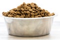 Dry dog and cat food in stainless steel bowl. Pile of kibbles