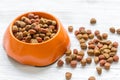 Dry dog food in bowl on wooden background Royalty Free Stock Photo
