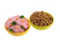 Dry dog food and natural dog food in ceramic bowls isolated on w Royalty Free Stock Photo