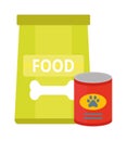 Dry dog treats in bowl and big bag of food animal snack canine nutrition vector illustration.