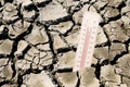 Dry earth with a thermometer, global warming and climate change concept, environmental discussion, extreme weather Royalty Free Stock Photo