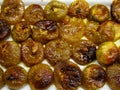 Dry fig dessert with sweet syrup as Turkish traditional sweet. Turkish name Incir Receli. Top view full frame background