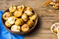 Dry figs in a rustic bowl tabletop shot Royalty Free Stock Photo
