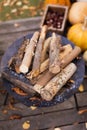 Dry firewood logs in metal fireplace