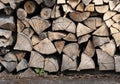 Dry firewood stacked in a pile, chopped wood for winter heating fuel of the fireplace. Royalty Free Stock Photo