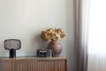 Dry flowers in brown pottery vase next to old vintage camera and industrial lamp on retro wooden cabinet Royalty Free Stock Photo