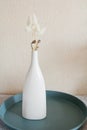 Dry flowers in ceramic white vase. Scandinavian style interior. Beige wall background