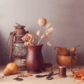 Dry flowers and pears on wooden table. Rustic still life