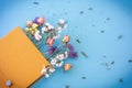 white, purple, yellow, white dry roses sticking out of a notebook on a blue background with a place for a signature