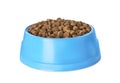 Dry food in blue pet bowl on white Royalty Free Stock Photo