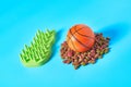 Dry food for pet and basketball ball near comb on blue background