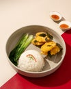 dry fried gourami fish with salted egg sauce and served with warm rice Royalty Free Stock Photo