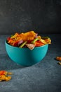 Dry fruit and Healthy vegetable chips, healthy vegan snack, a mixed heap: yellow sweet potato purple sweet potato carrot green Royalty Free Stock Photo