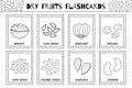Dry fruits black and white flashcards collection. Flash cards for coloring in outline