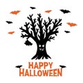 Dry funny tree with hanging bat and flying bats. Happy Halloween orange lettering. Holiday greeting card. Isolated on white Royalty Free Stock Photo