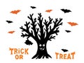 Dry funny tree with hanging bat and flying bats. Happy Trick or treat orange lettering. Holiday greeting card. Isolated on white Royalty Free Stock Photo