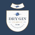 Dry Gin label. Juniper berries with leaves and thorns. Classic letters on ornamental background.