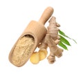 Dry ginger powder, fresh root and leaves isolated on white, top view Royalty Free Stock Photo