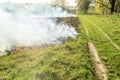 Dry grass is burning on a meadow in the countryside. A wild fire burns dry grass in a field. Orange flames and plumes of smoke. Royalty Free Stock Photo